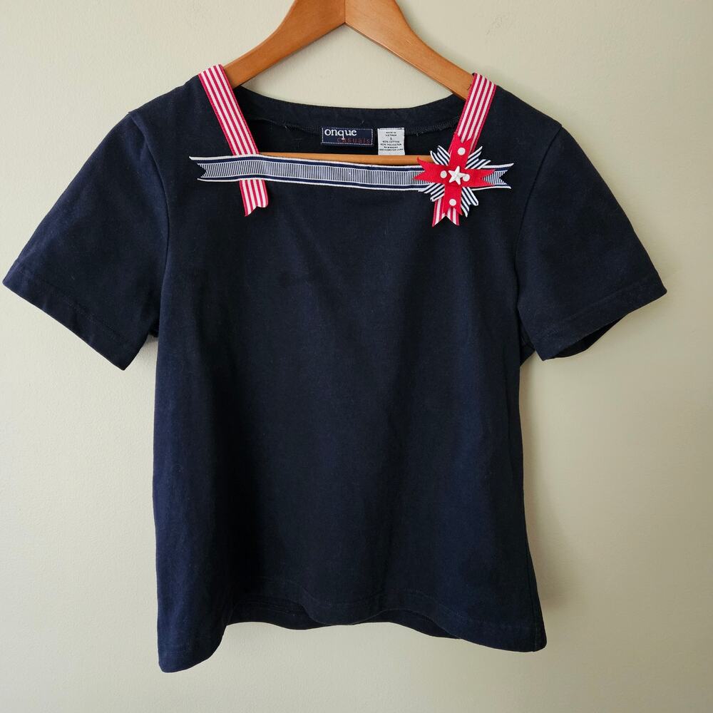 Vintage 90s Patriotic Shirt, Size Small Navy Blue Granny Nautical